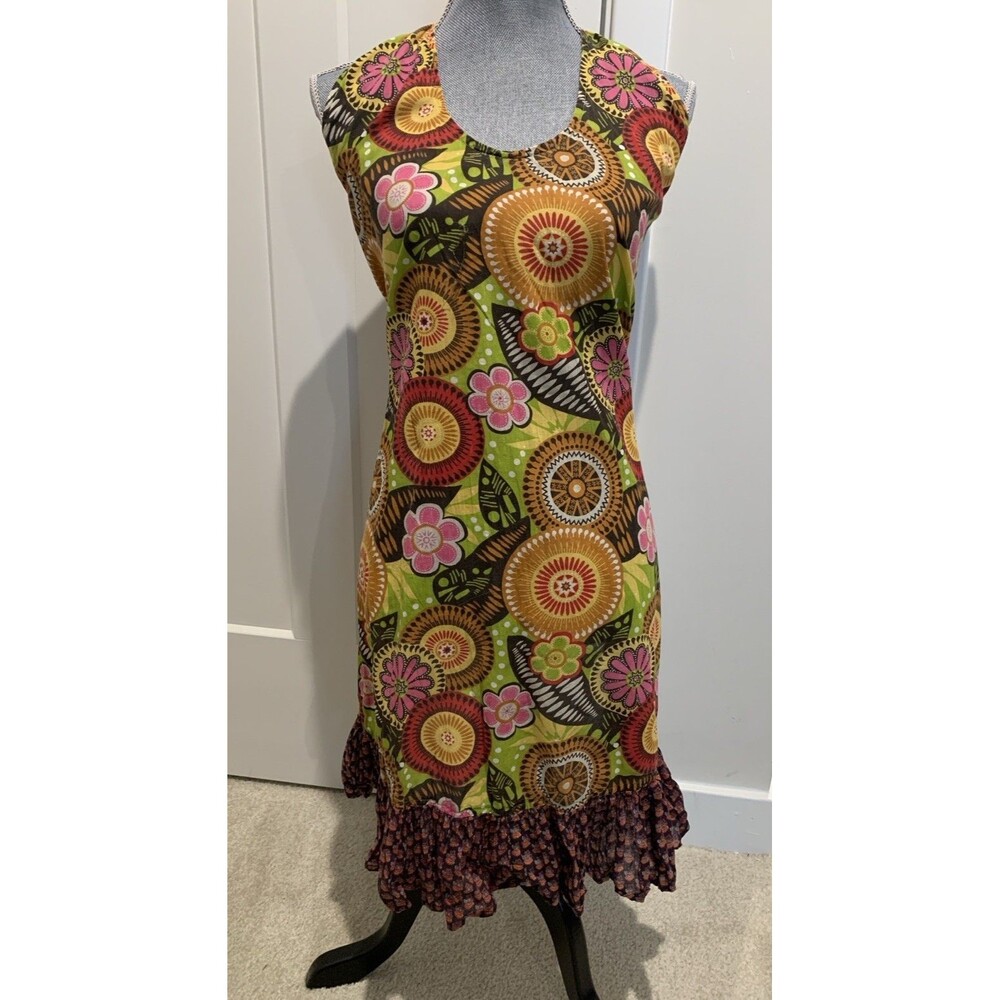 Pier 1 Imports Full Apron Multicolor Boho Floral Print‎ Tie Waist Scoop Neck